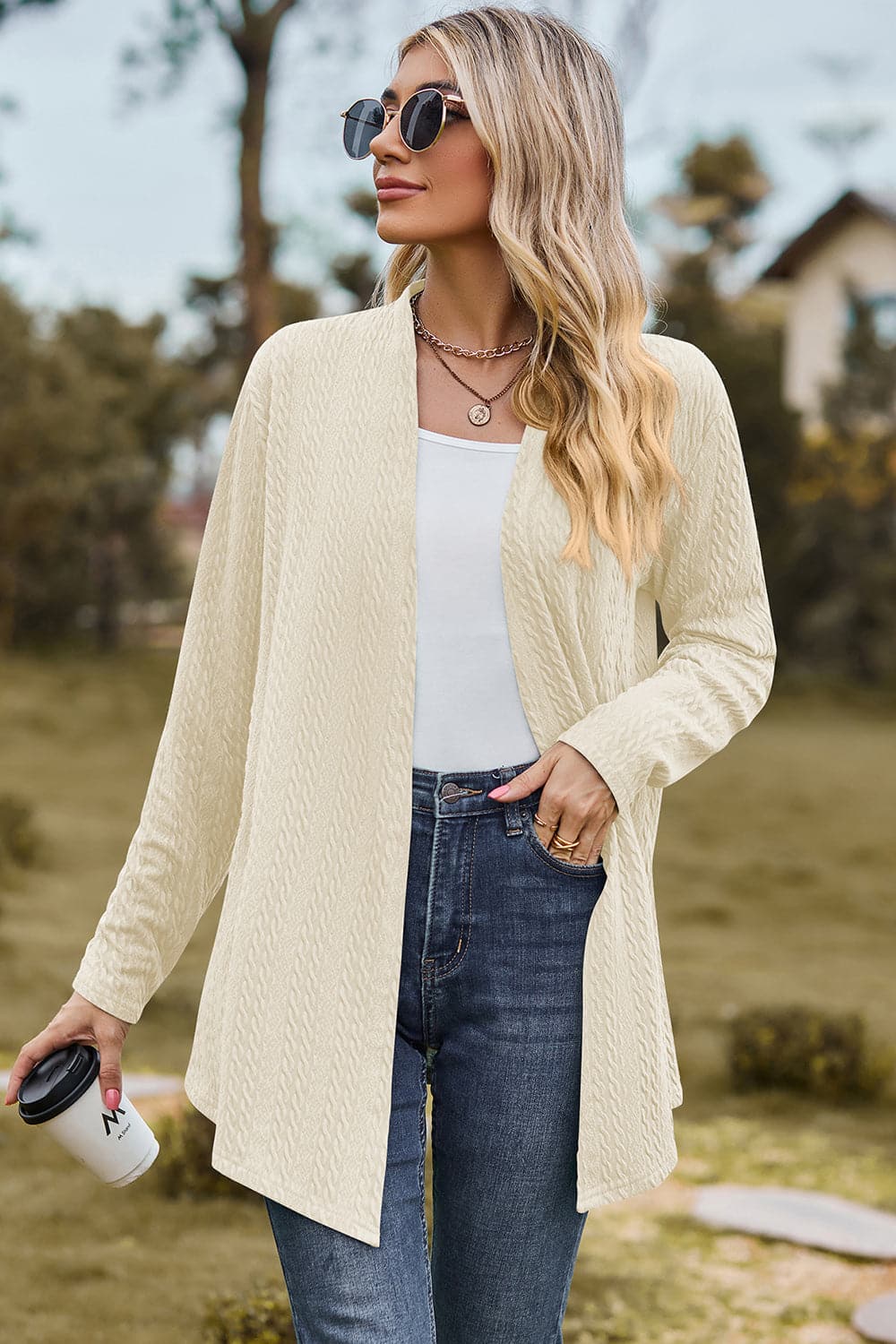 Textured Open Front Long Sleeve Cardigan.