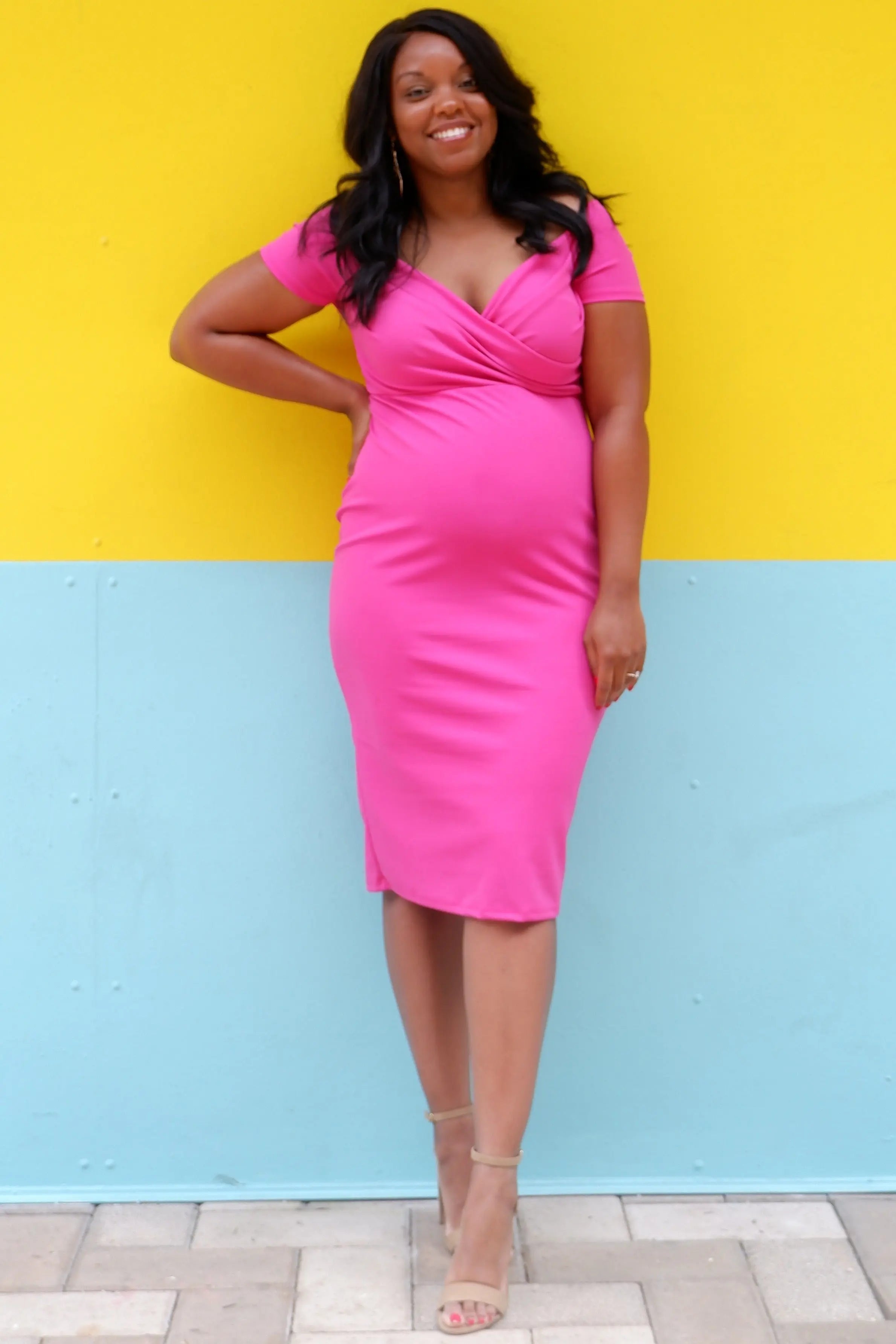 Magenta Solid Off Shoulder Maternity Fitted Dress With Sweetheart Neckline PinkBlush