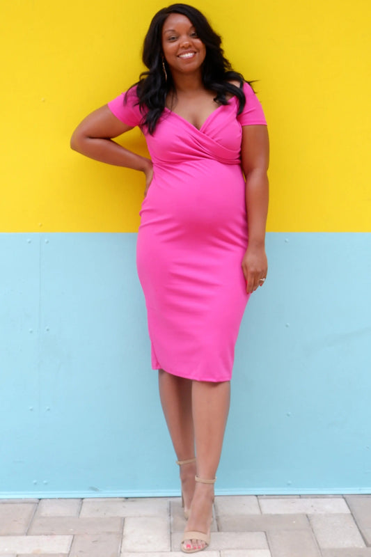 Magenta Solid Off Shoulder Maternity Fitted Dress With Sweetheart Neckline PinkBlush