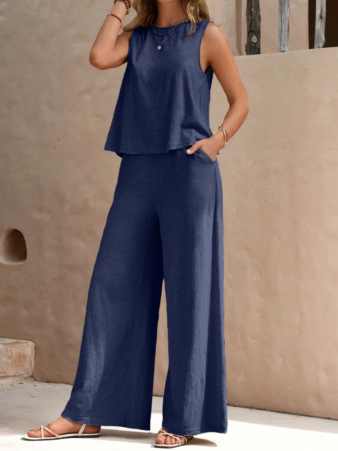 Round Neck Sleeveless Top and Wide Leg Pants Set.