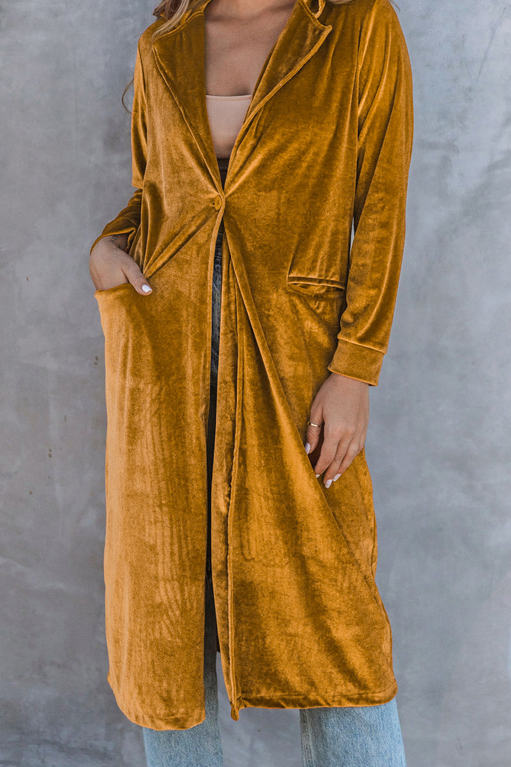 Chic yellow velvet long sleeve coat with practical pockets