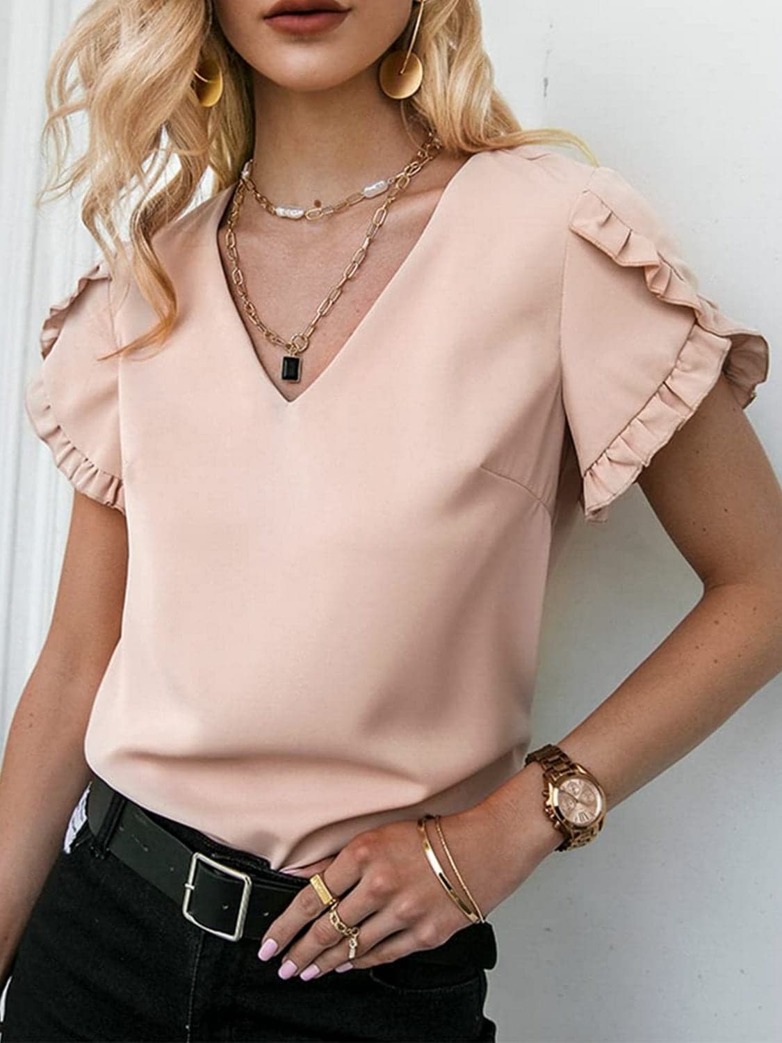 Frill V-Neck Short Sleeve Blouse.