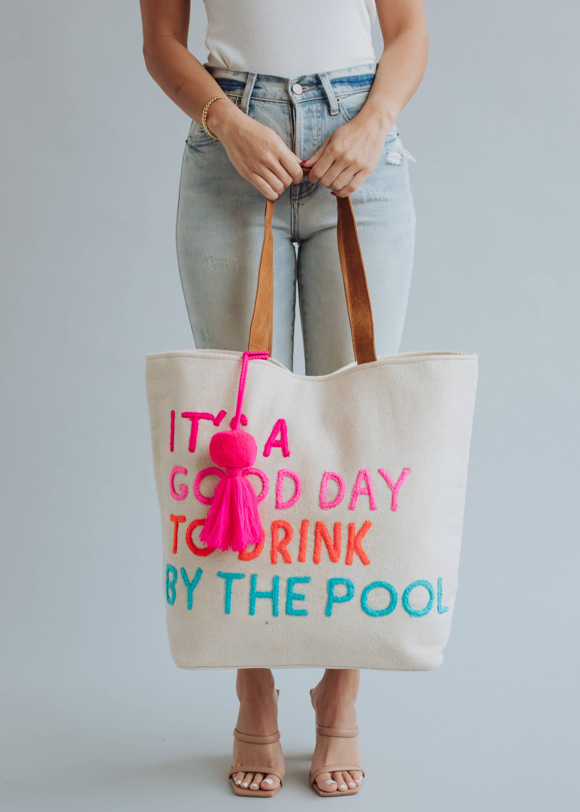 Poolside Bliss Cotton Tote Beach Bag With Colorful Design Fitkitty Culture Athleisure Wear, Yoga Wear & Women's Clothing
