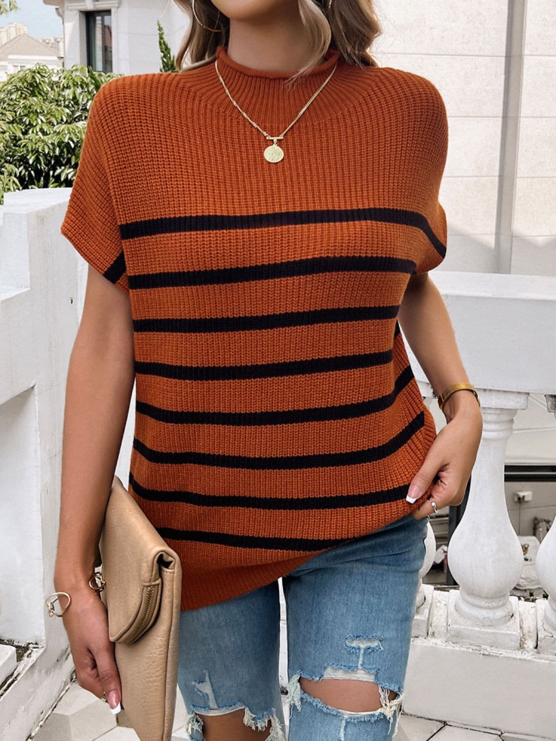 Striped Mock Neck Short Sleeve Sweater.