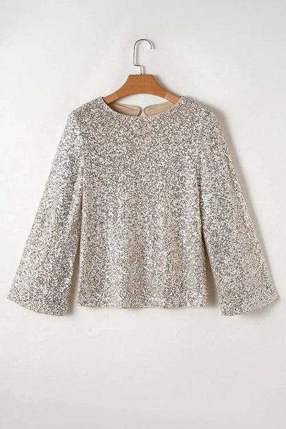 Glam Cutout Sequin Long Sleeve Blouse with Round Neck