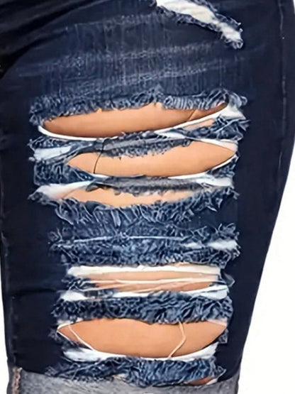 Distressed Denim Shorts with Pockets.