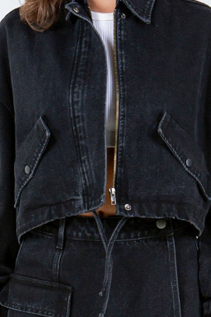 Cropped denim jacket with drawstring waist