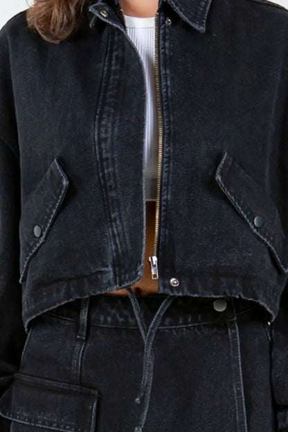 American Bazi Drawstring Waist Crop Denim Jacket with Zipper Front Closure and Elastic Banded Hem - Love Salve 