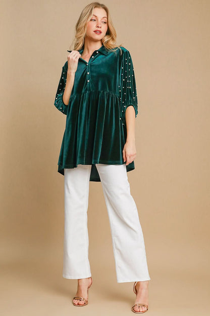 Elegant Velvet Babydoll Blouse with Pearl Accents and Half Sleeves