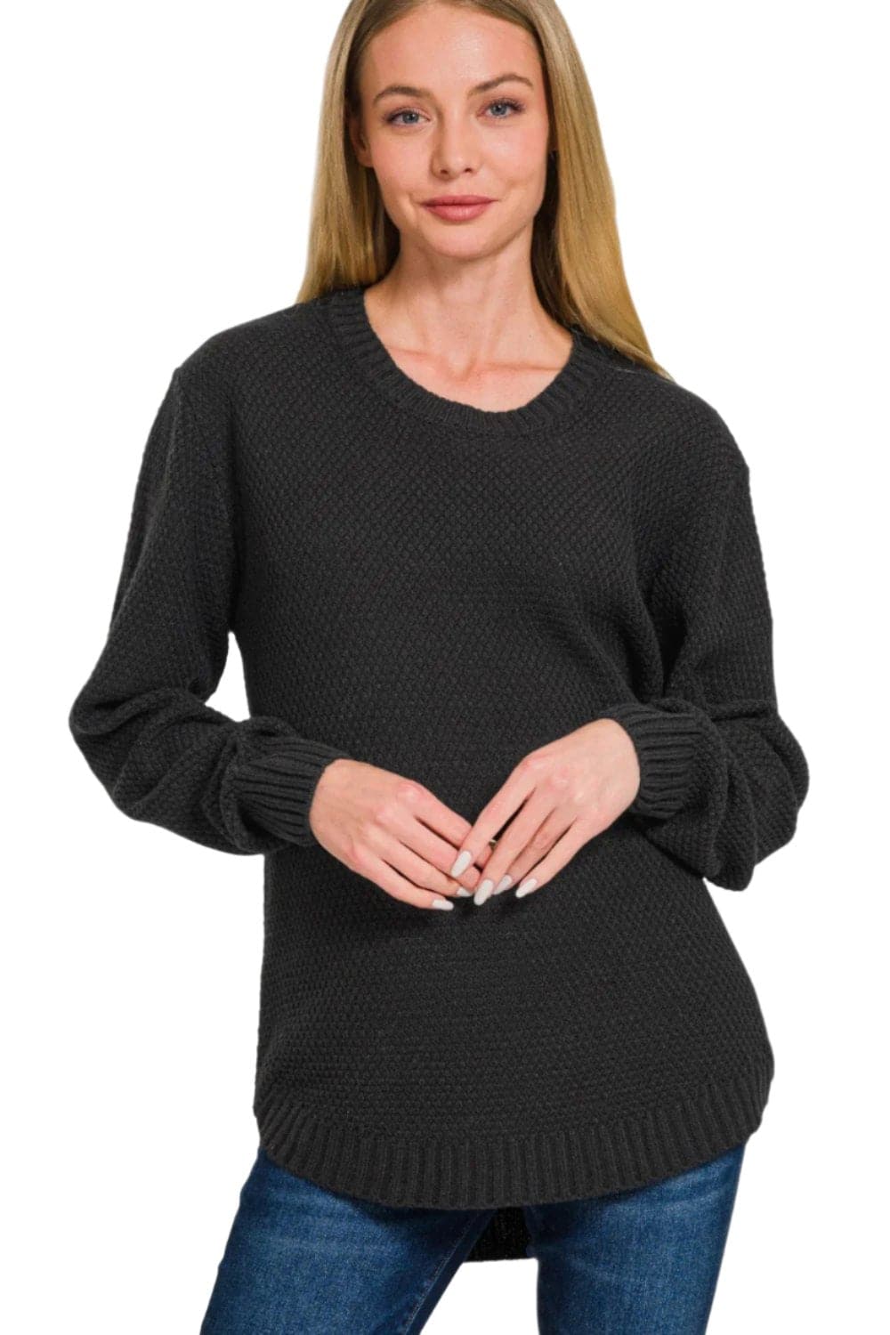 Zenana Ful Size Round Neck Long Sleeve Curved Hem Sweater.