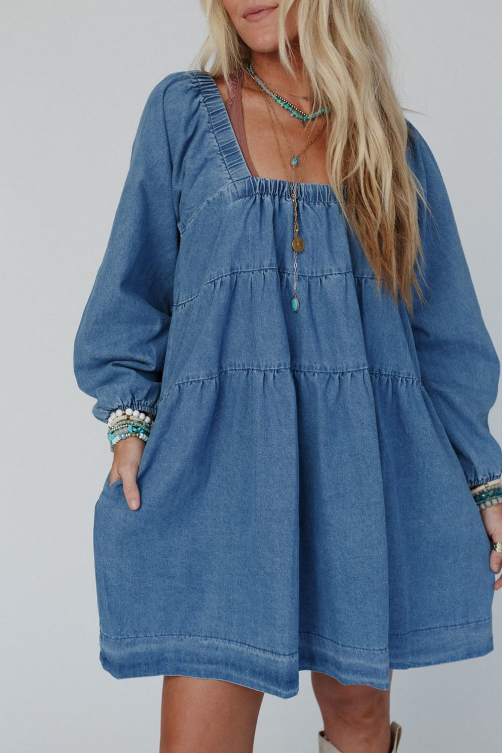 Dusk blue denim mini dress with pockets