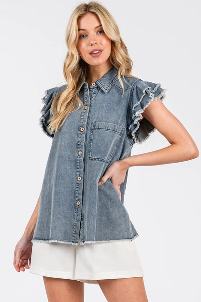Mittoshop Washed Denim Ruffle Short Sleeve Collared Shirt - Love Salve 