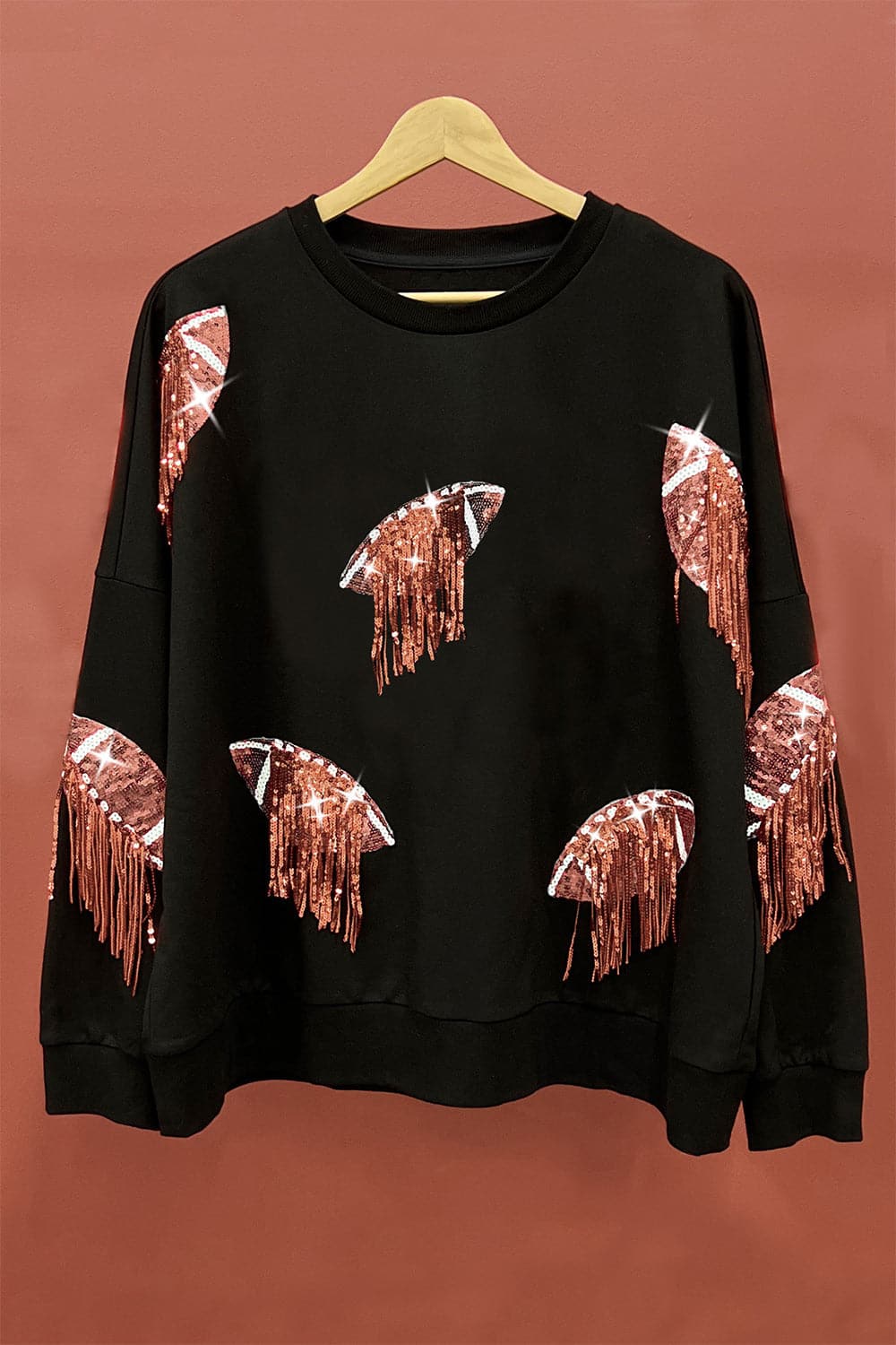 BiBi Sequin Fringe Football Patch Round Neck Sweatshirt.