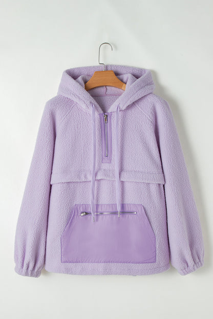 Cozy Lavendula fuzzy drawstring hoodie with zipped pocket