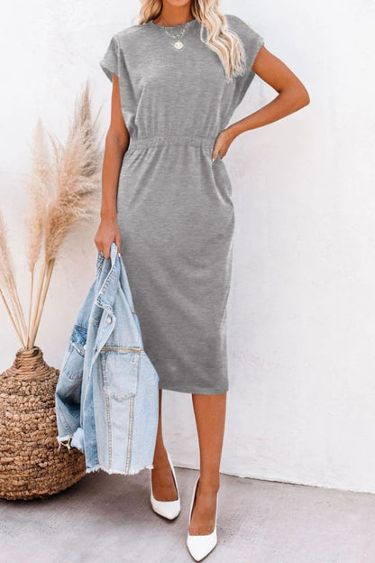 Pocketed Round Neck Cap Sleeve Dress.