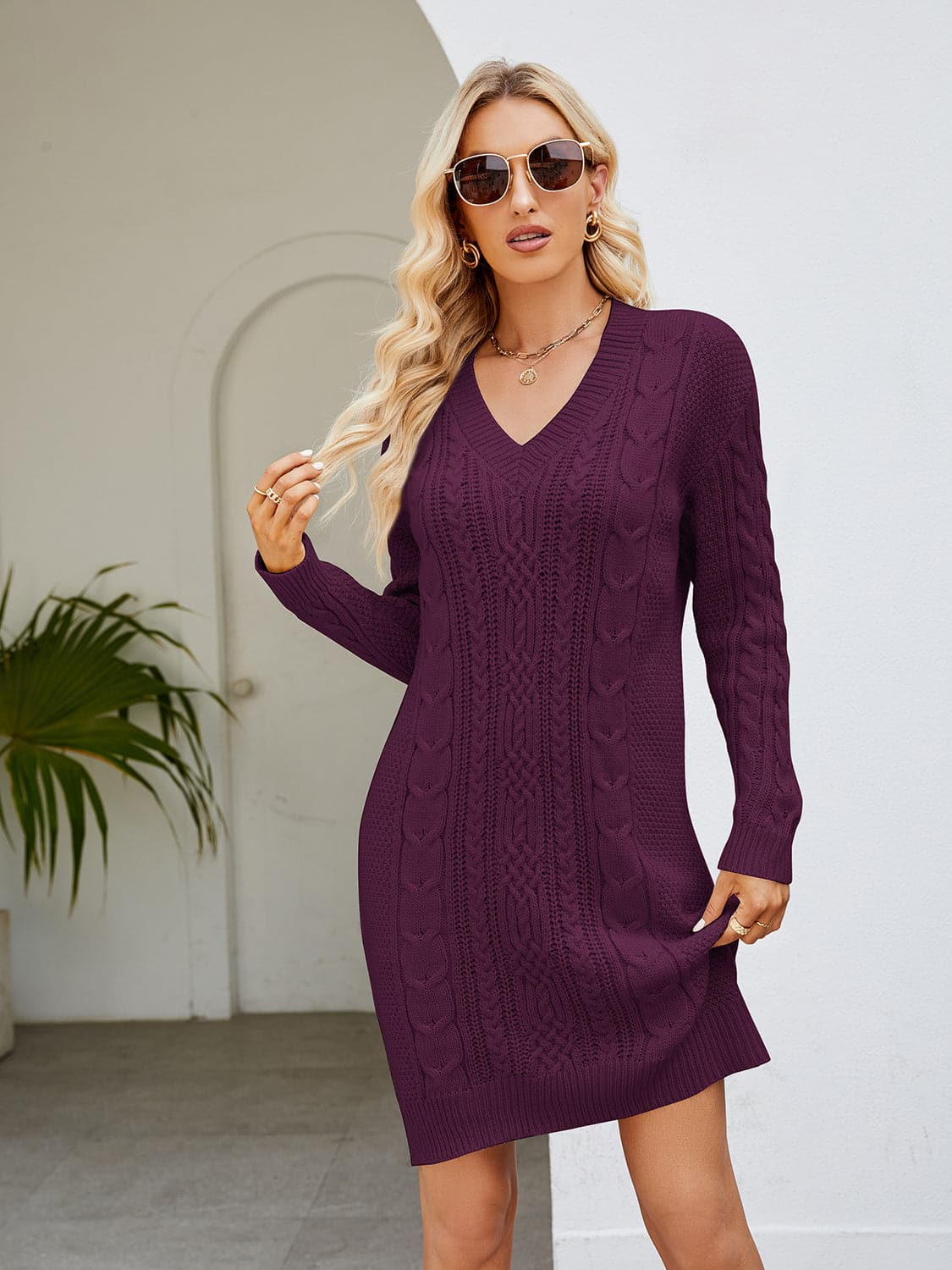 Cable-Knit V-Neck Mini Sweater Dress.