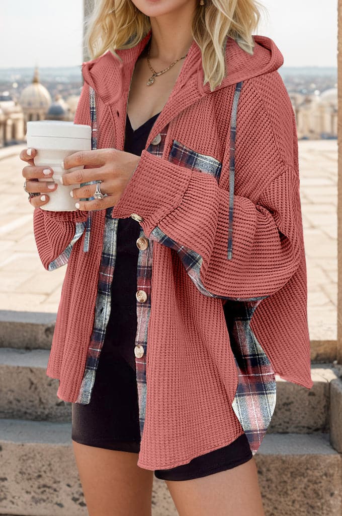 Plaid Waffle-Knit Drawstring Hooded Jacket.