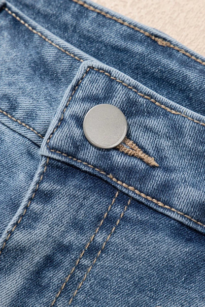 Pearl Beaded Raw Hem Wash Denim Shorts
