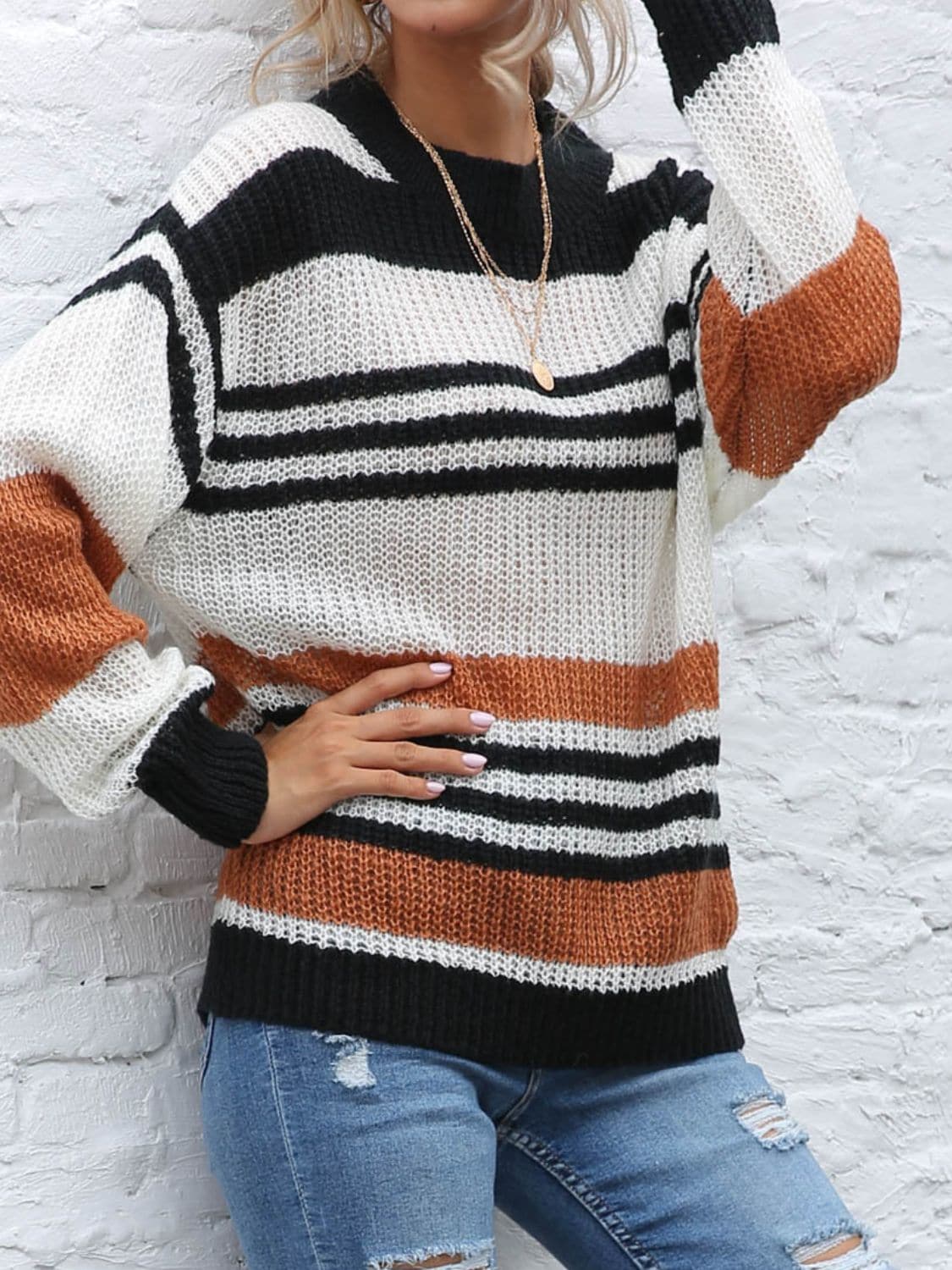 Striped chic round neck long sleeve sweater