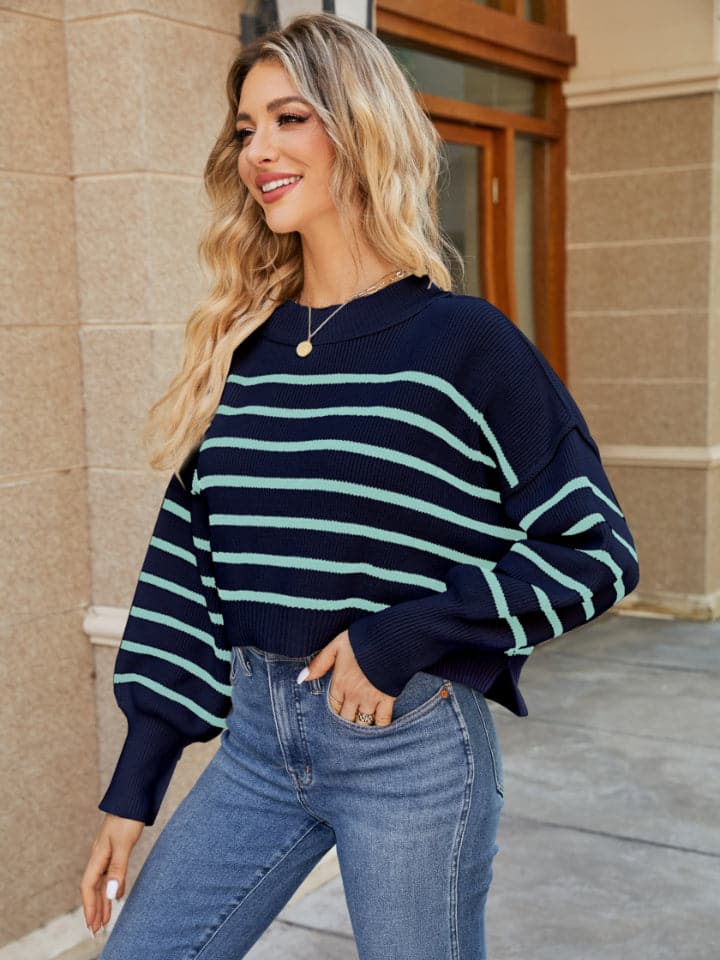 Round Neck Striped Lantern Sleeve Sweater.