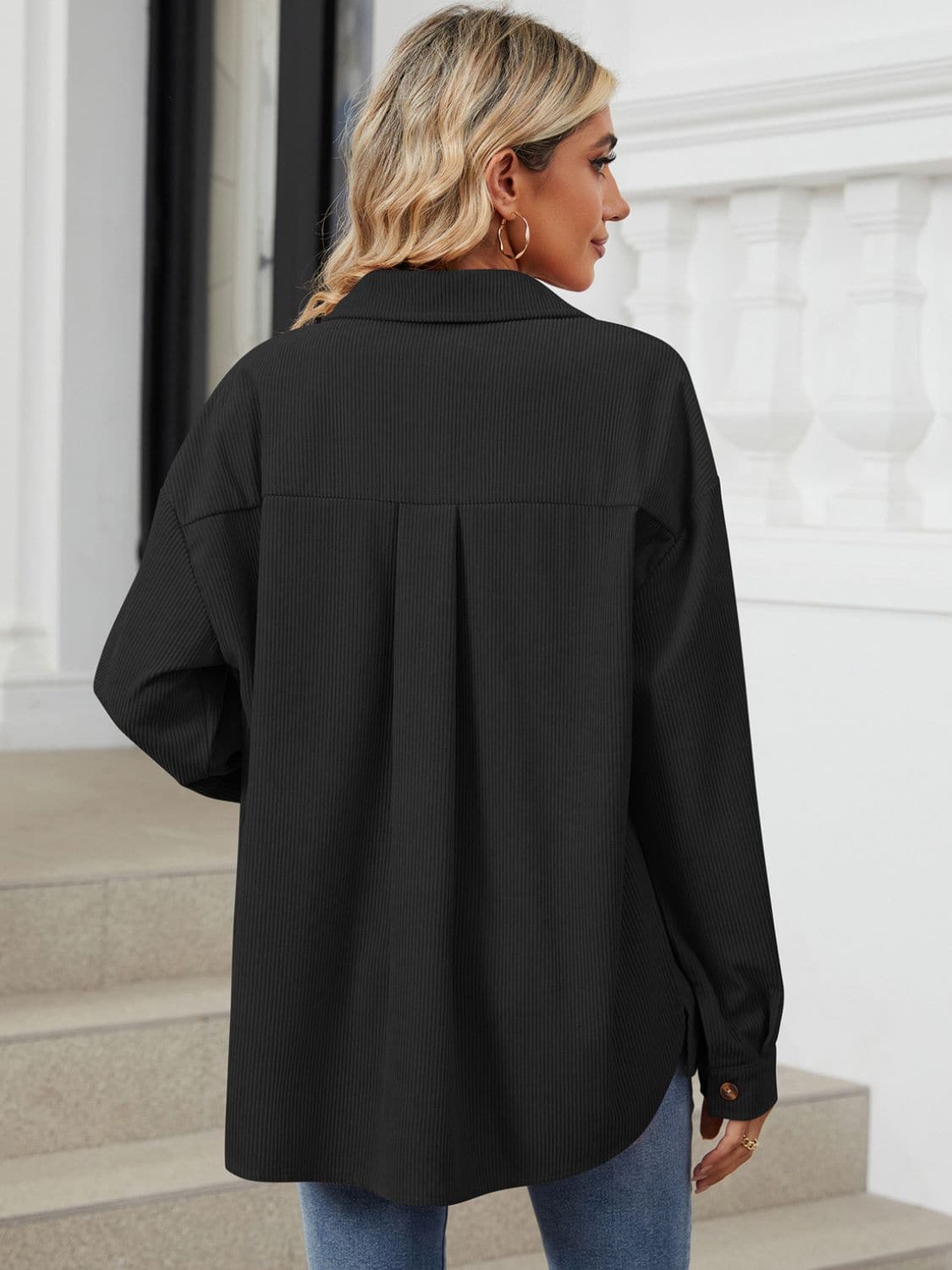 Chic Buttoned Long Sleeve Jacket with Dropped Shoulders