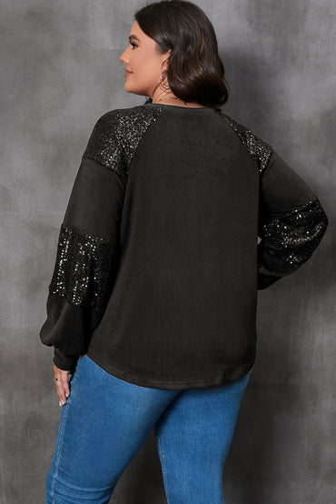 Glamorous black plus size sequin patchwork long sleeve top