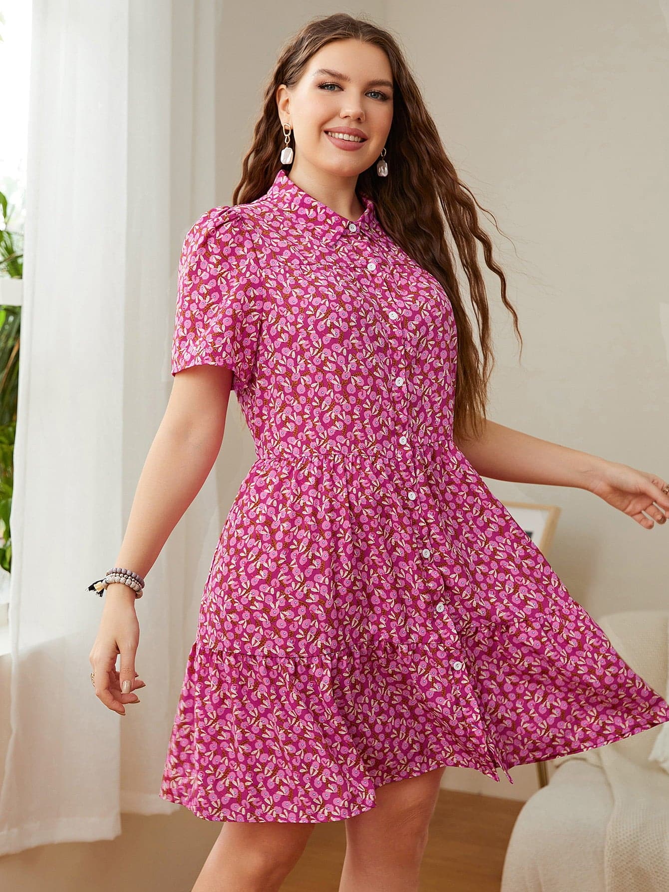 Plus Size Printed Short Sleeve Collared Dress.