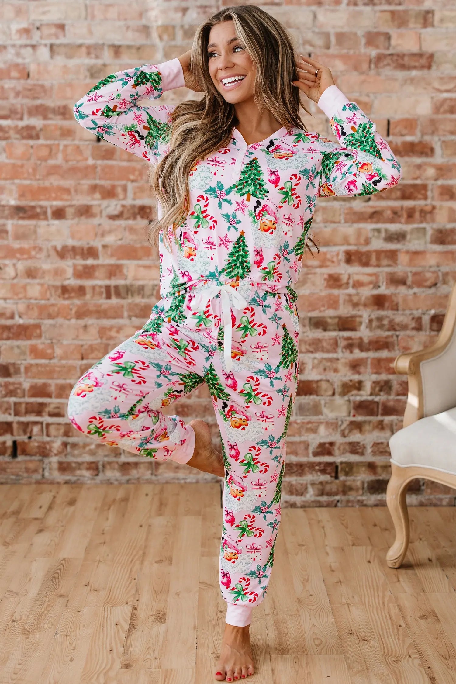 Pink Christmas Pattern Two Piece Lounge Set With Button V Neck Pullover Pants Dear-Lover Dropshipping