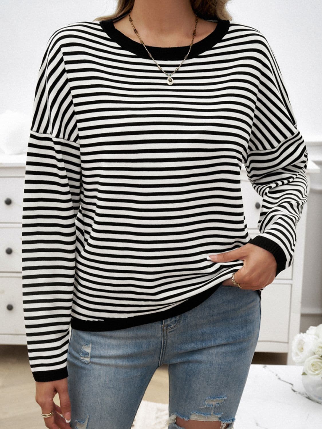 Striped Round Neck Dropped Shoulder Sweater.