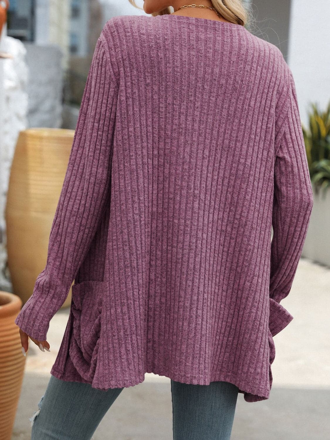 Open Front Long Sleeve Ribbed Cardigan.