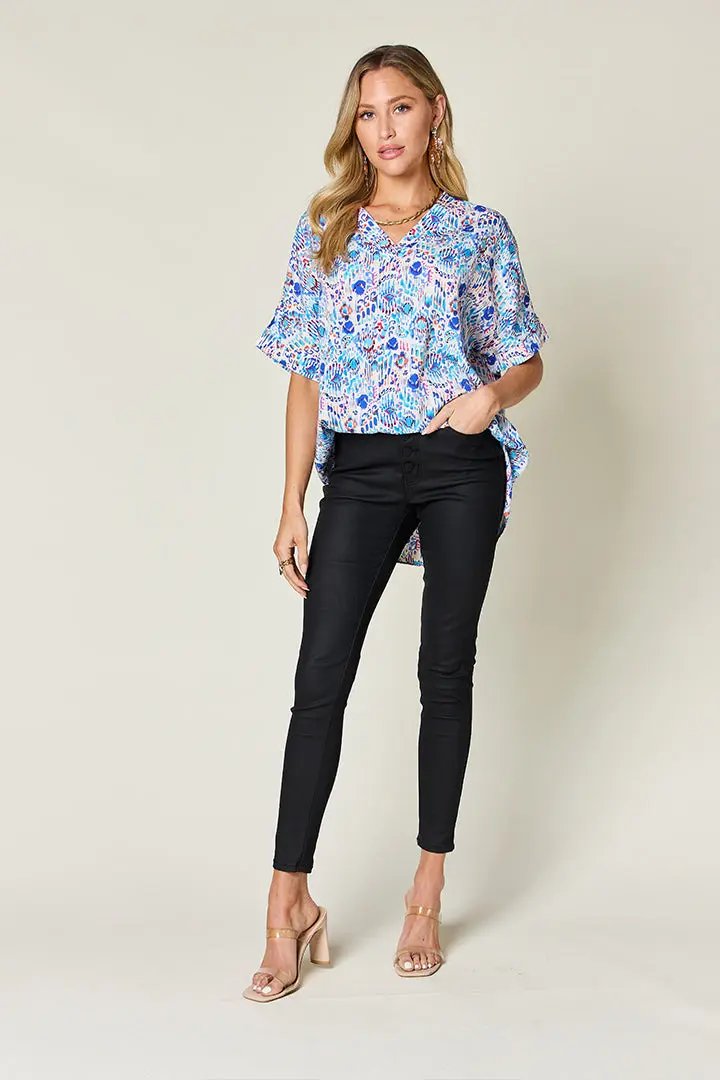Double Take Full Size Printed V-Neck Short Sleeve Blouse - Love Salve