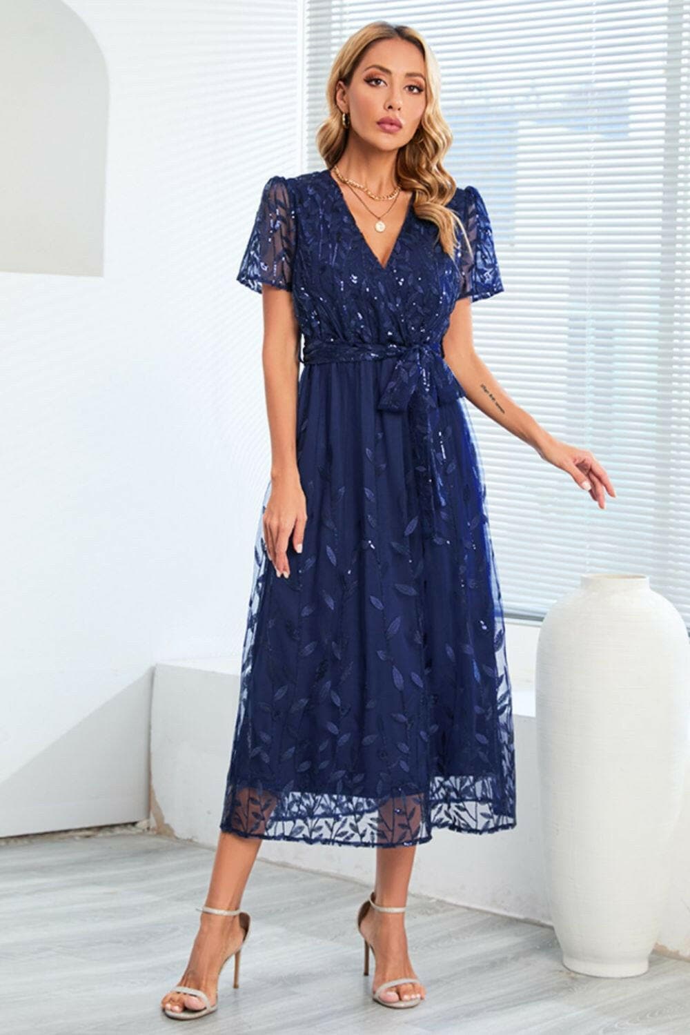 Sequin Leaf Embroidery Tie Front Short Sleeve Dress.