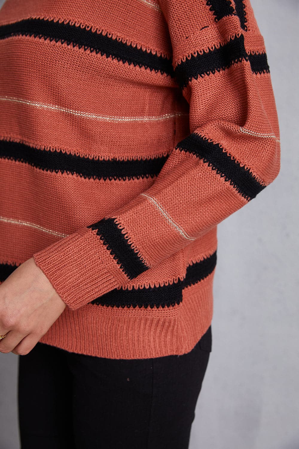 Striped Round Neck Dropped Shoulder Sweater.