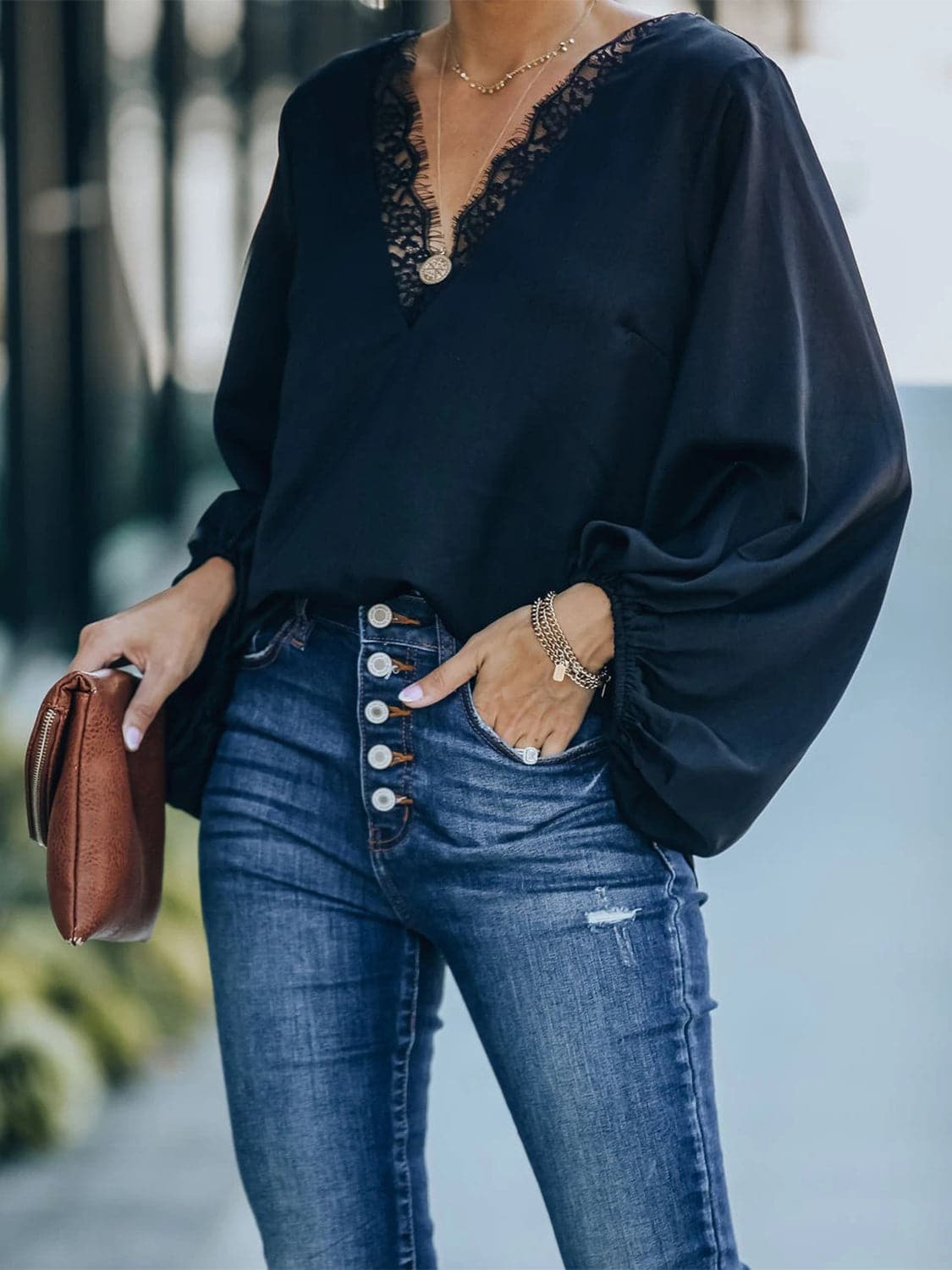 Lace Detail V-Neck Long Sleeve Blouse.