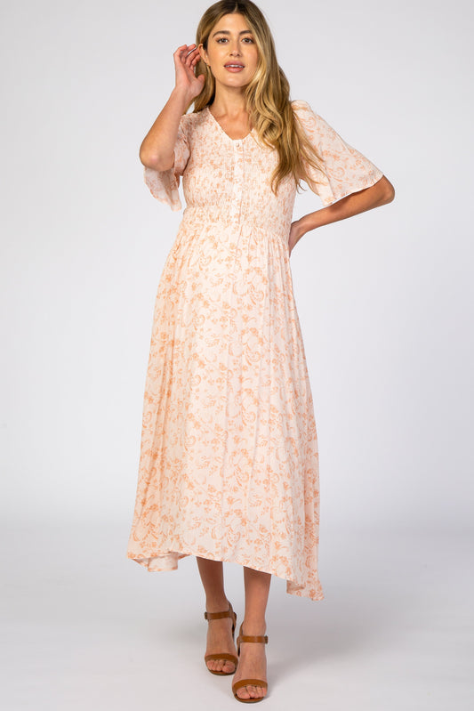 Peach Floral Button Front Smocked Maternity Midi Dress PinkBlush