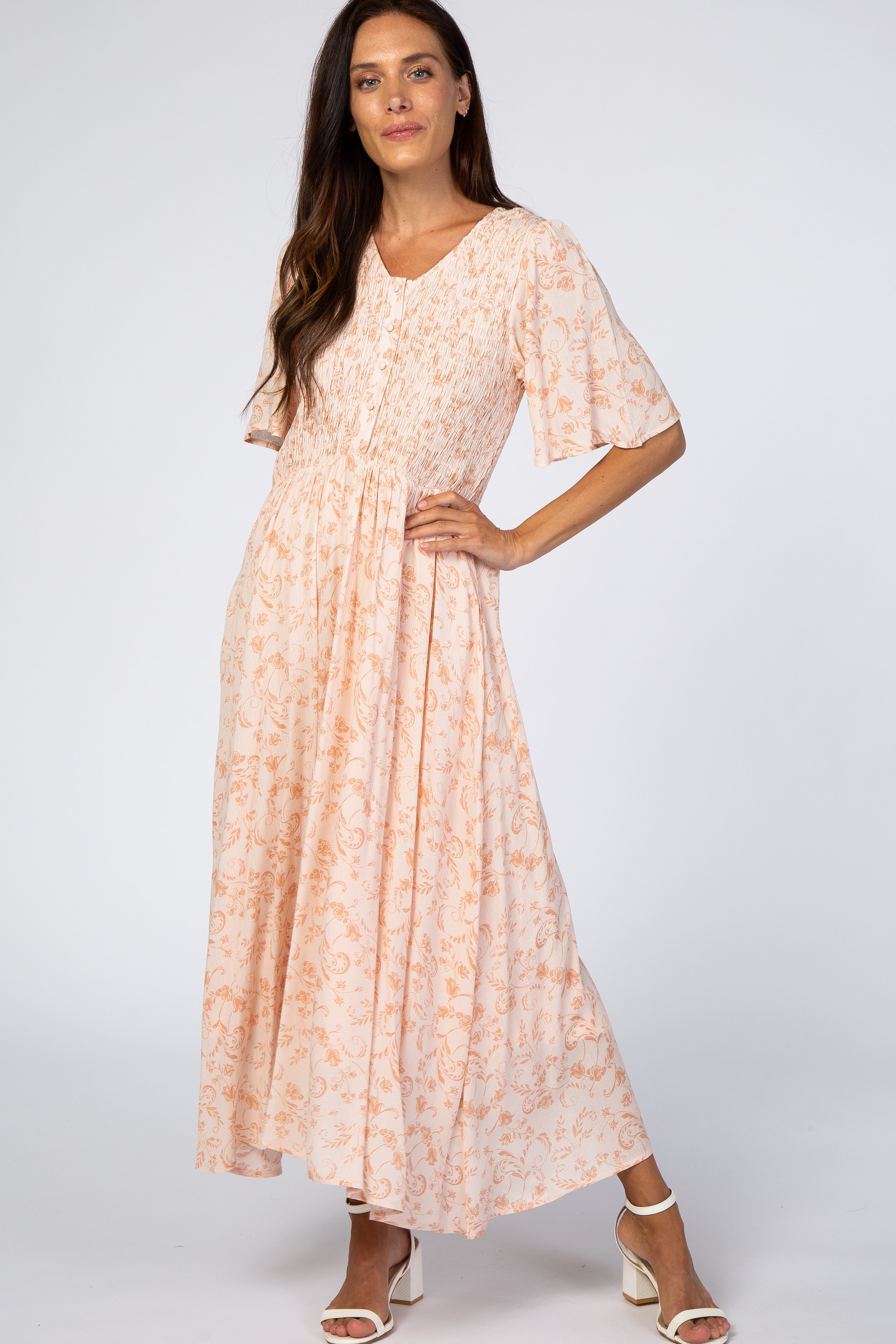 Peach Floral Button Front Smocked Maternity Midi Dress PinkBlush