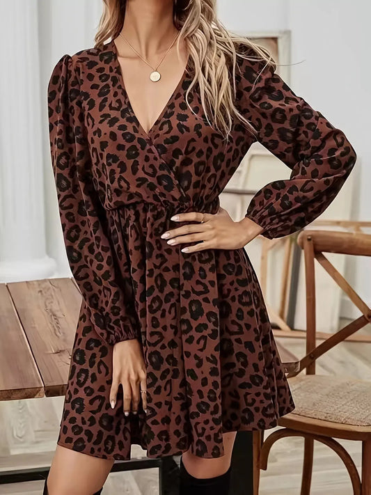 Leopard Print V-Neck Long Sleeve Mini Dress Simply Love