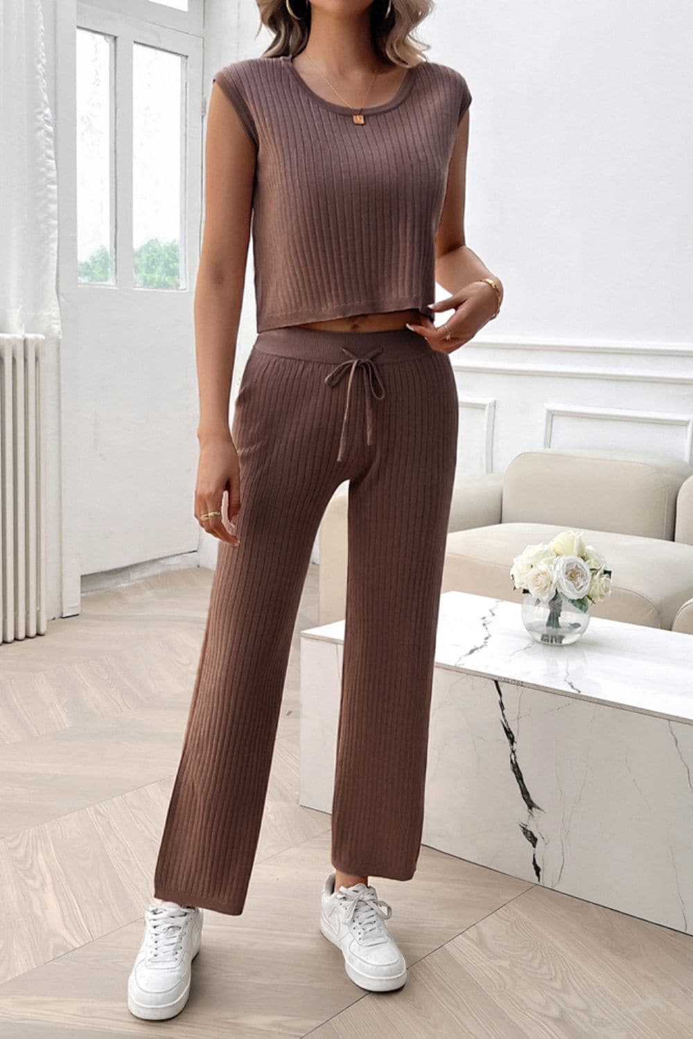 Ribbed Round Neck Top and Pants Set.