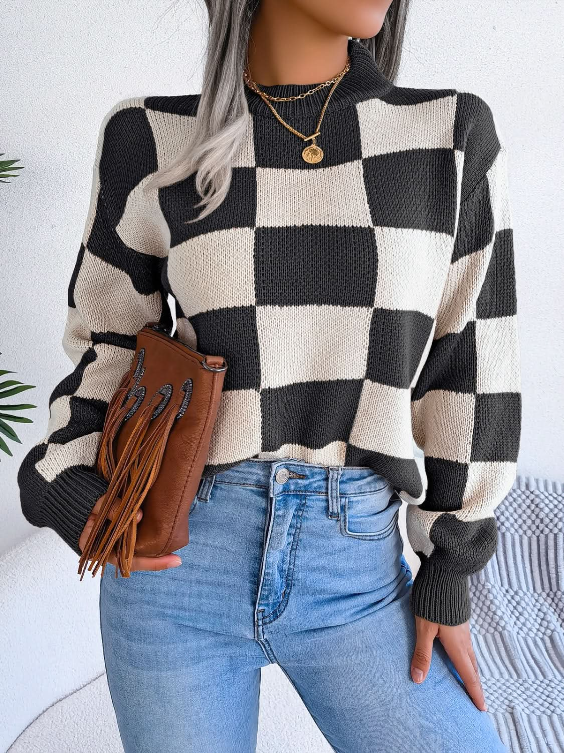 Checkered Mock Neck Long Sleeve Sweater