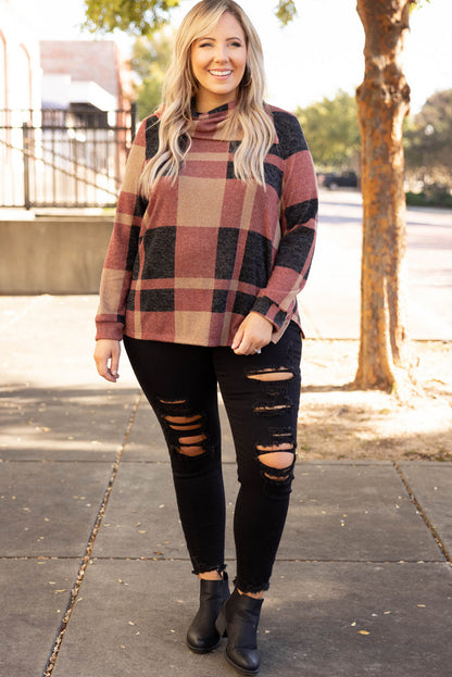 Mineral red plus size plaid top with asymmetric neckline and button details