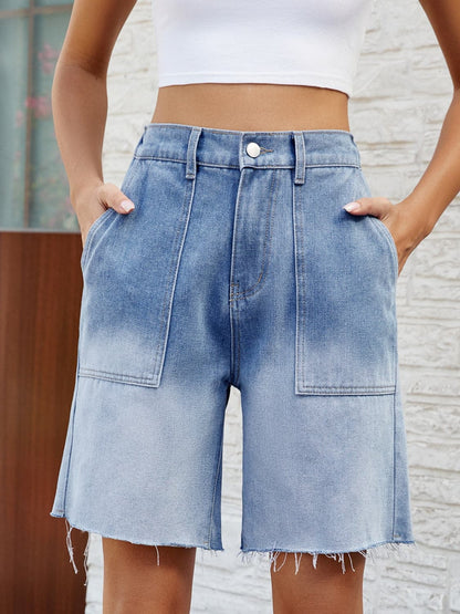 Buttoned Raw Hem Denim Shorts with Pockets.