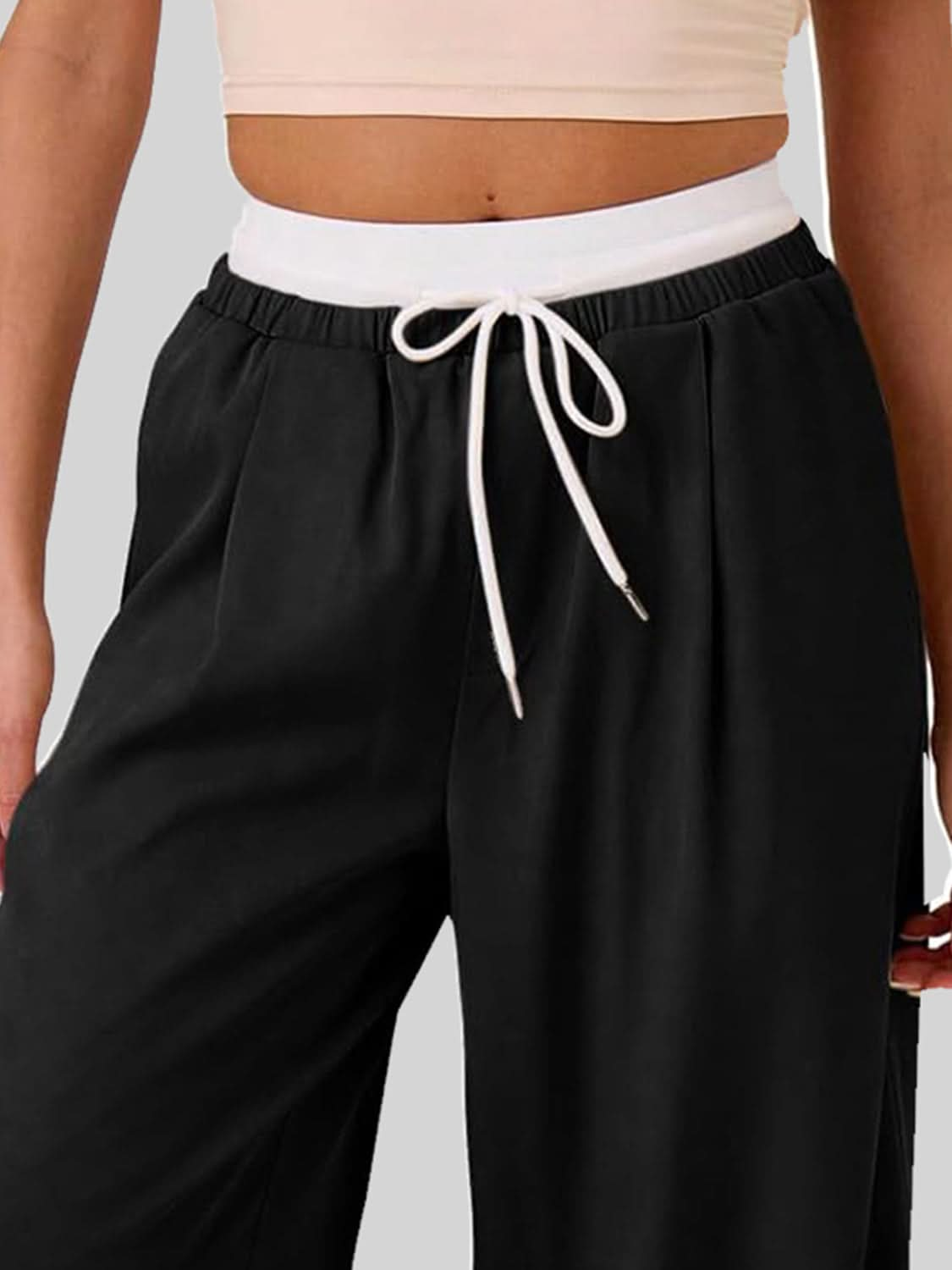 Contrast Waistband Drawstring Wide Leg Pants