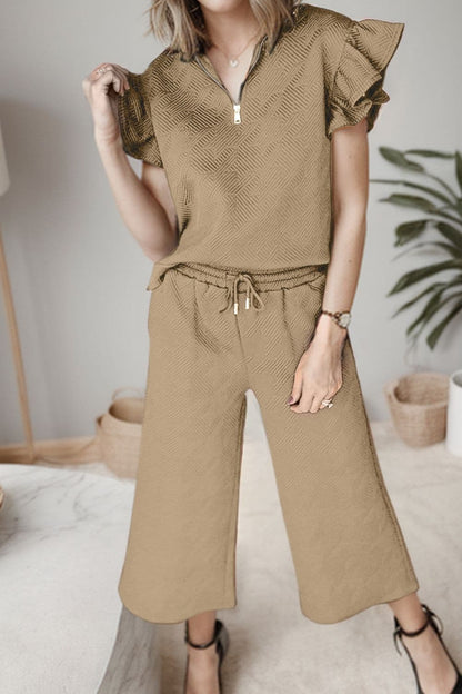 Ruffled Quarter Zip Top and Drawstring Pants Set.