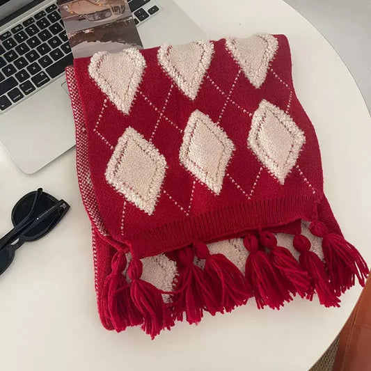 Diamond Pattern Knitted Tassel Scarf Simply Love