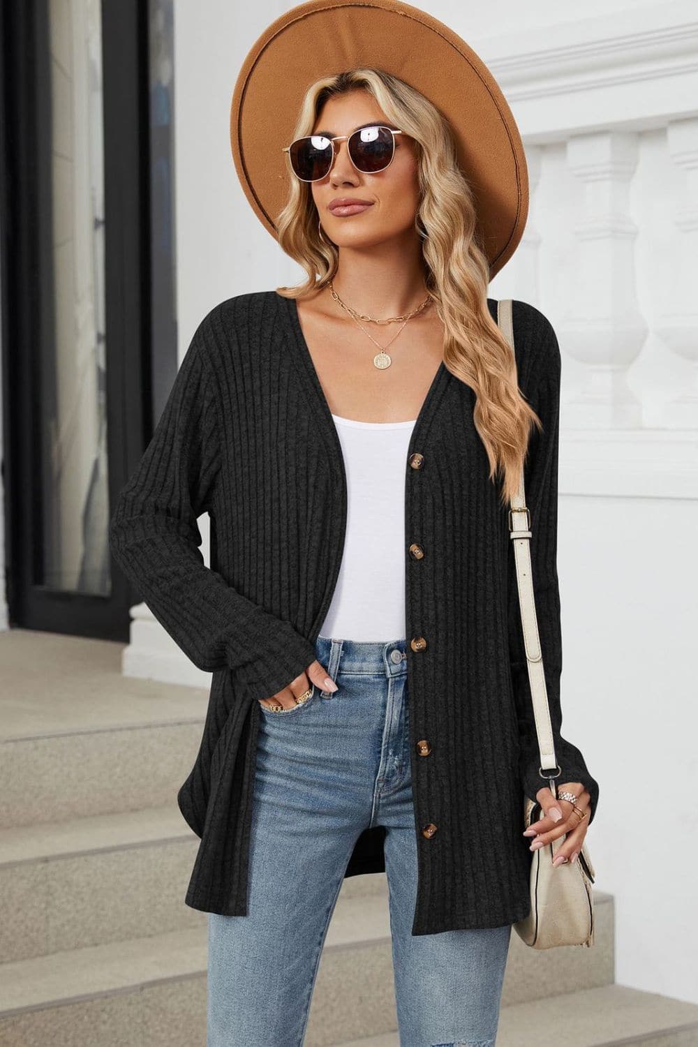 Ribbed Button Up Long Sleeve Cardigan.