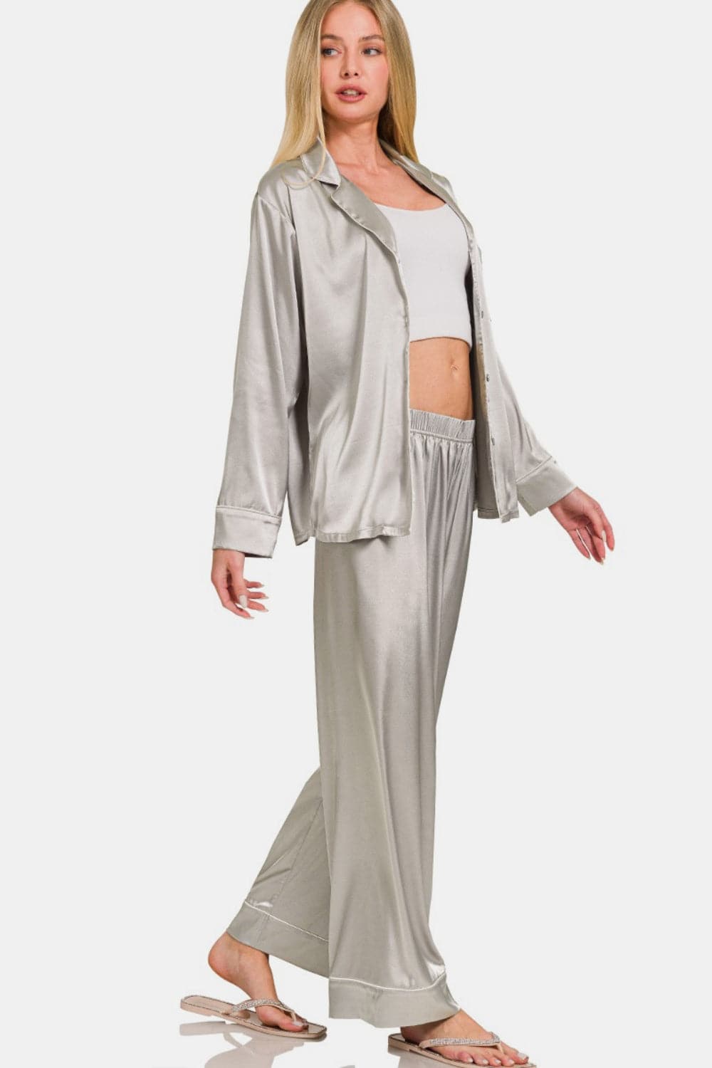 Zenana satin pajama set - long sleeves, luxe comfort