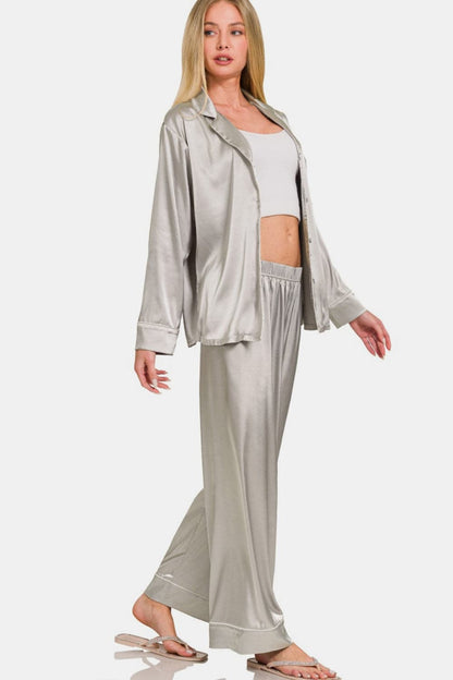 Luxurious Zenana satin sleep set with long sleeve shirt and pants