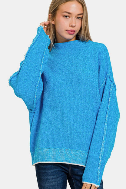 Zenana Exposed Seam Mock Neck Long Sleeve Sweater.