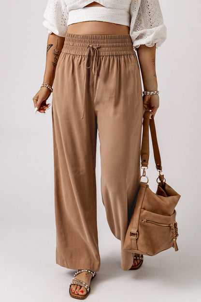 Chic brown wide leg pants with drawstring waist and side pockets