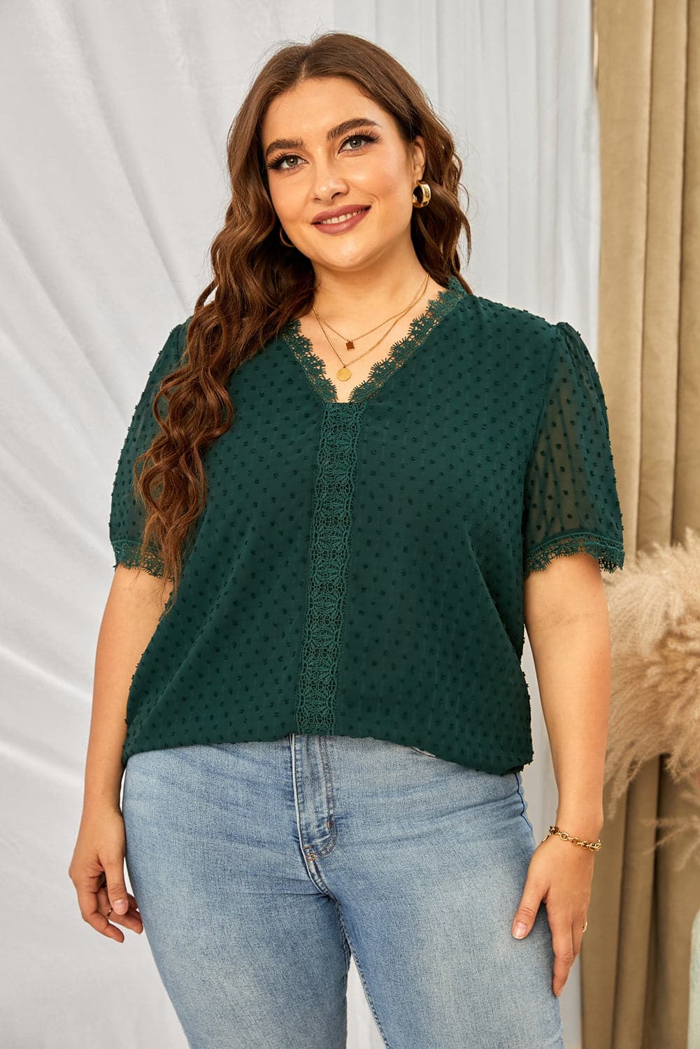 Plus Size Swiss Dot Spliced Lace V-Neck Blouse.